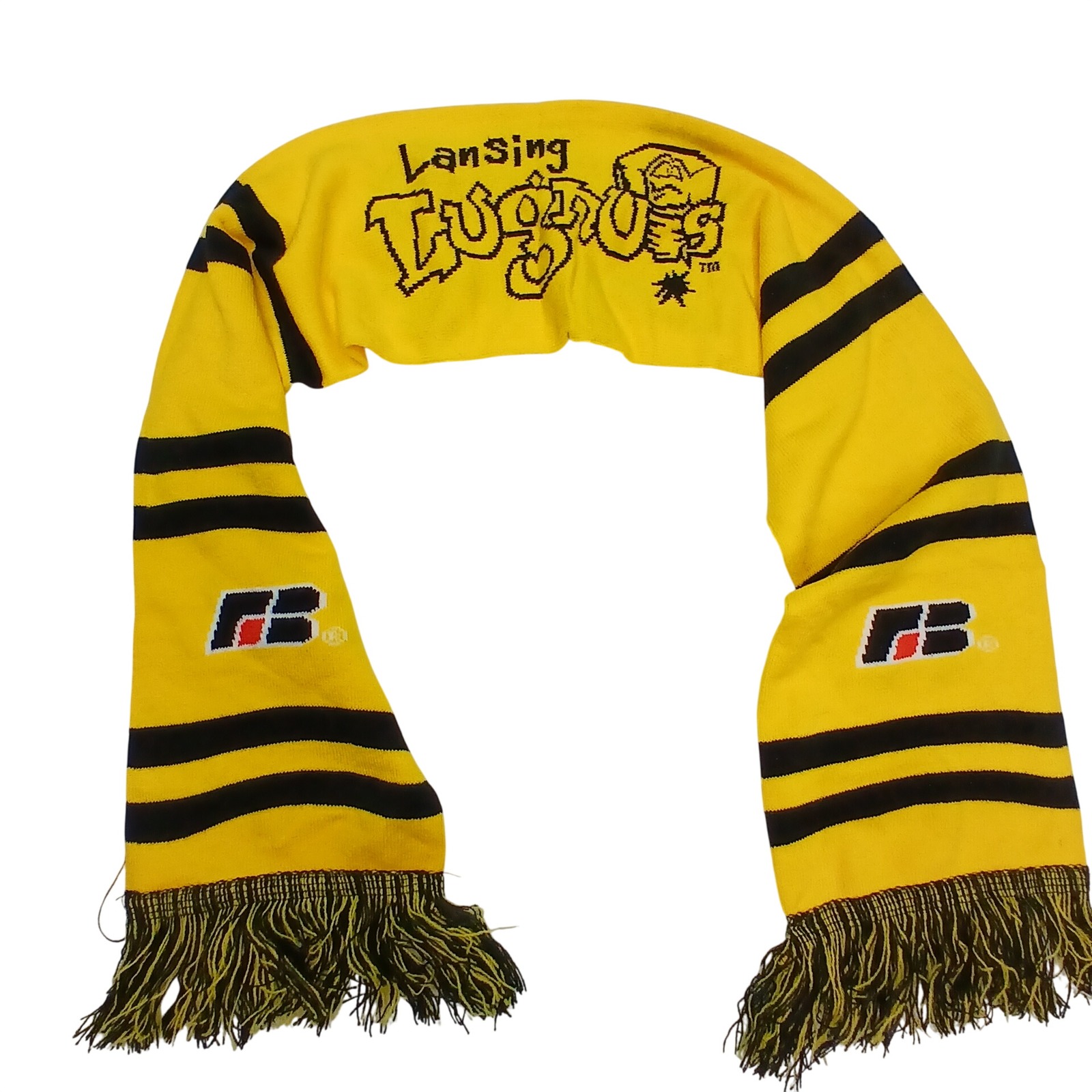 Lansing Lugnuts Scarf Yellow Black Stripes Logo Fringe Knit Fan Gear